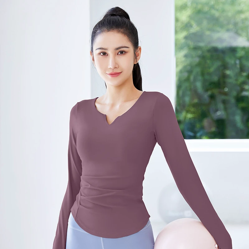 V-neck Long Sleeve Breathable Quick-drying Four-Way Stretch Nude Feel Seamless Yoga Clothes Pleated Waist Tight Slimming Sports