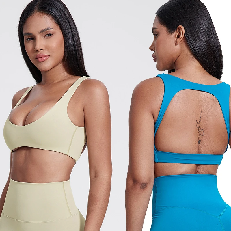 Custom Logo Deep U-neck Hollow Back Bra for Women Sport Yoga Fitness Shockproof High Impact Tight Sexy Soft Push up Sports Bra