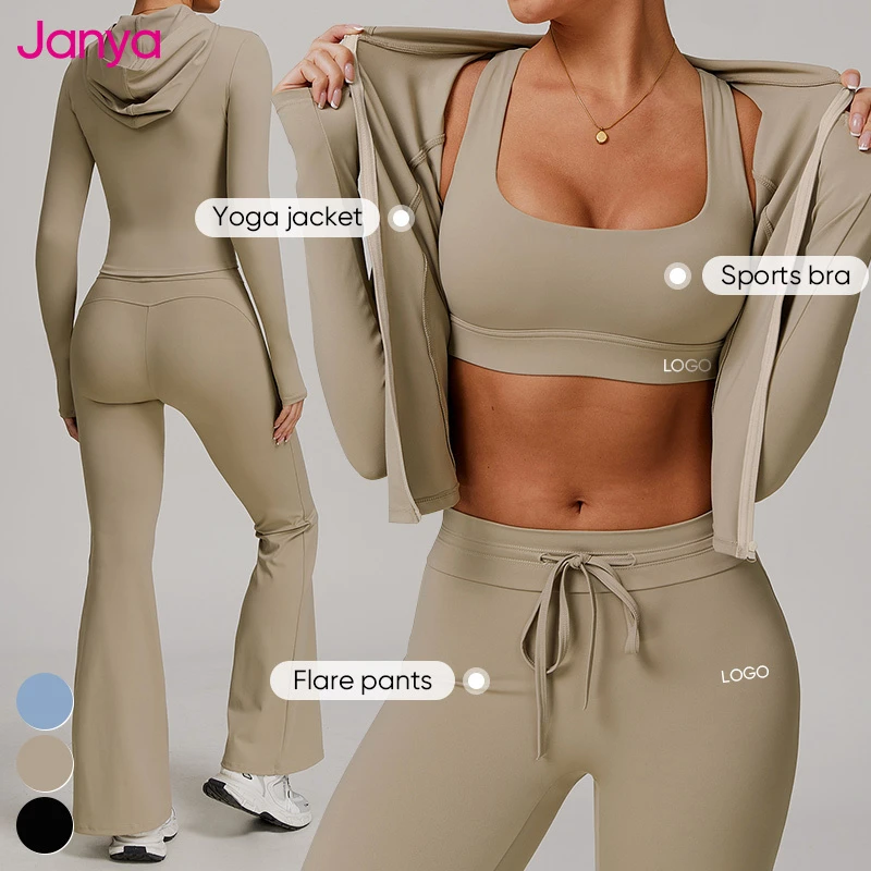Janya UPF50+ Sun Proof Breathable Women's Sportswear Suit Sports Bra Drawstring Flare Yoga Pants 3 Piece Set Gym Fitness Sets