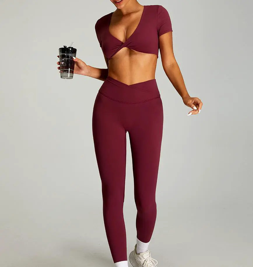 Cross High Waist 2-Piece V-neck Sports Set for Women Tight Four-Way Stretch Speed Drying Outdoor Running Fitness Yoga Clothes
