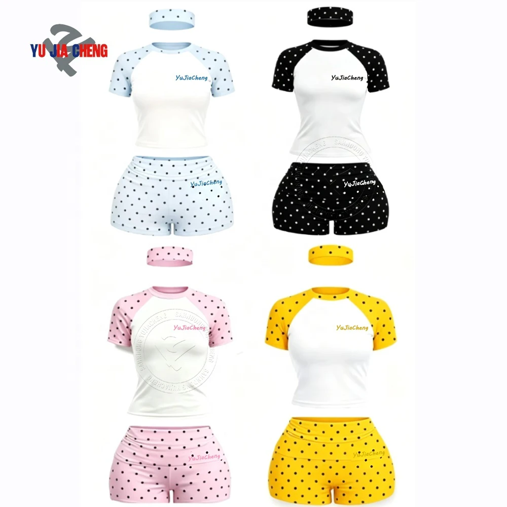 2 Piece Loungewear Matching Headband T Shirt And High Waist Shorts Summer Y2K Custom Color Block Fitness Polka Dot Two Piece Set