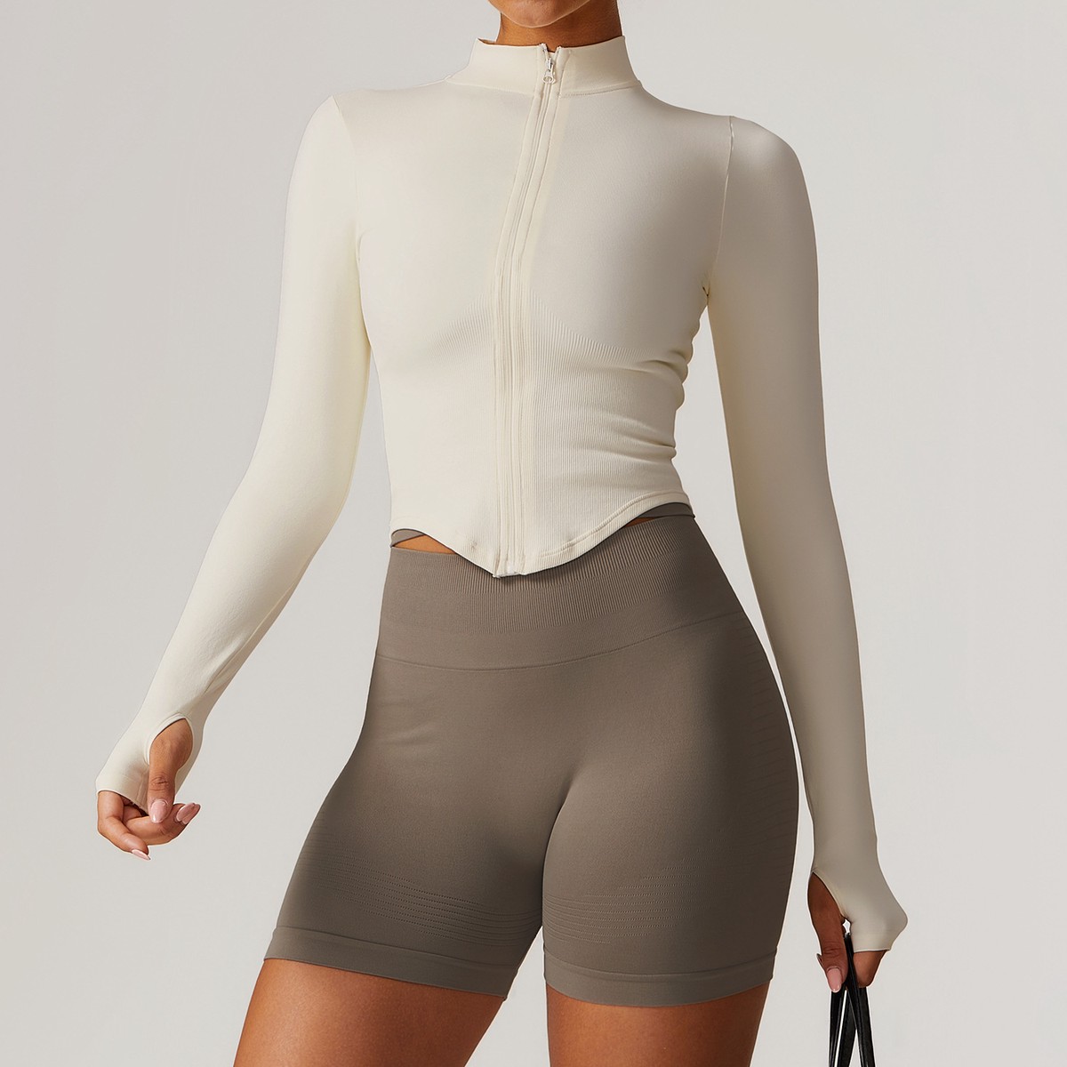 Custom Solid Color Standing Collar Zipper Long Sleeves Women Fitting Quick-Dry Outdoor Fitness Sports Yoga Top