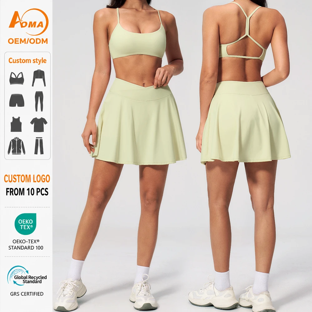 Aoyema Women Fitness Wear New Sports Beauty Back Yoga Suit Anti-running Quick-drying Solid Women's Two-piece-set