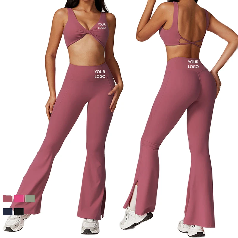 Women's Gym Sets Solid Long Sleeve Yoga Top High Waist Leggings 5-Piece Workout Activewear Sports Bra Women's Fitness Wear