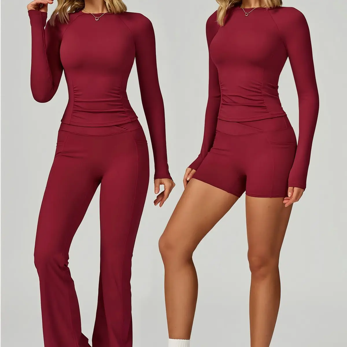 Naked Feel Four-Way Stretch Elastic Waist Long Sleeve Yoga Set High Waist Slim Fit Running Gym Outfit Breathable Athletic Wear