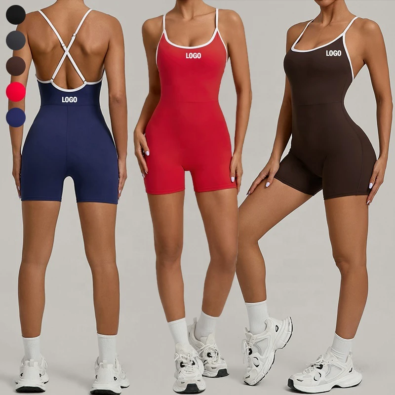 Women's Color Blocking Sleeveless Yoga Shorts Jumpsuit Cross Back Adjustable Straps Sports Bodysuit One Piece Workout Romper