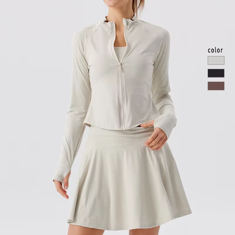 Breathable Long Sleeve Yoga Jacket Slim Fit Sports Running Top Breathable Style Striped Stand Collar Spandex Polyester Active Wear