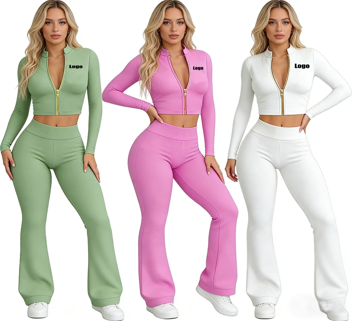 Custom Logo Y2K Women Active Wear 2 Piece Tracksuit Set Full Zip Jacket Flare Pants Jogger Yoga Gym Fitness Workout Clothing