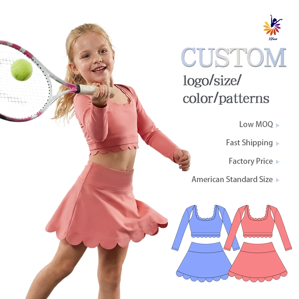 Girls Boutique Yoga Set Fitness & Yoga Wear Solid Color Long Sleeve Top Scallop Hem Built-In Shorts Custom Print