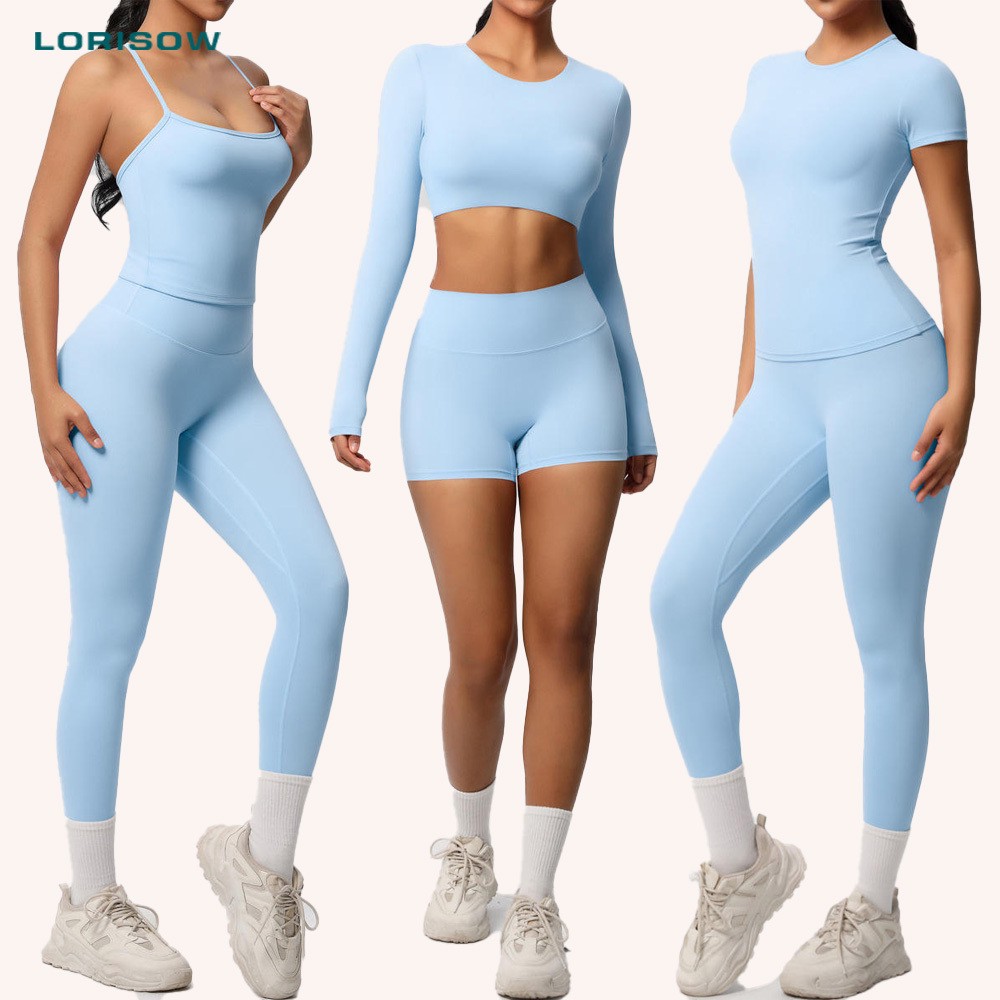 Compression Athletic Wear Yoga Sets for Women 6 Piece Long Sleeve Shorts Leggings Jackets Crop Top Active Wear Workout Outfits