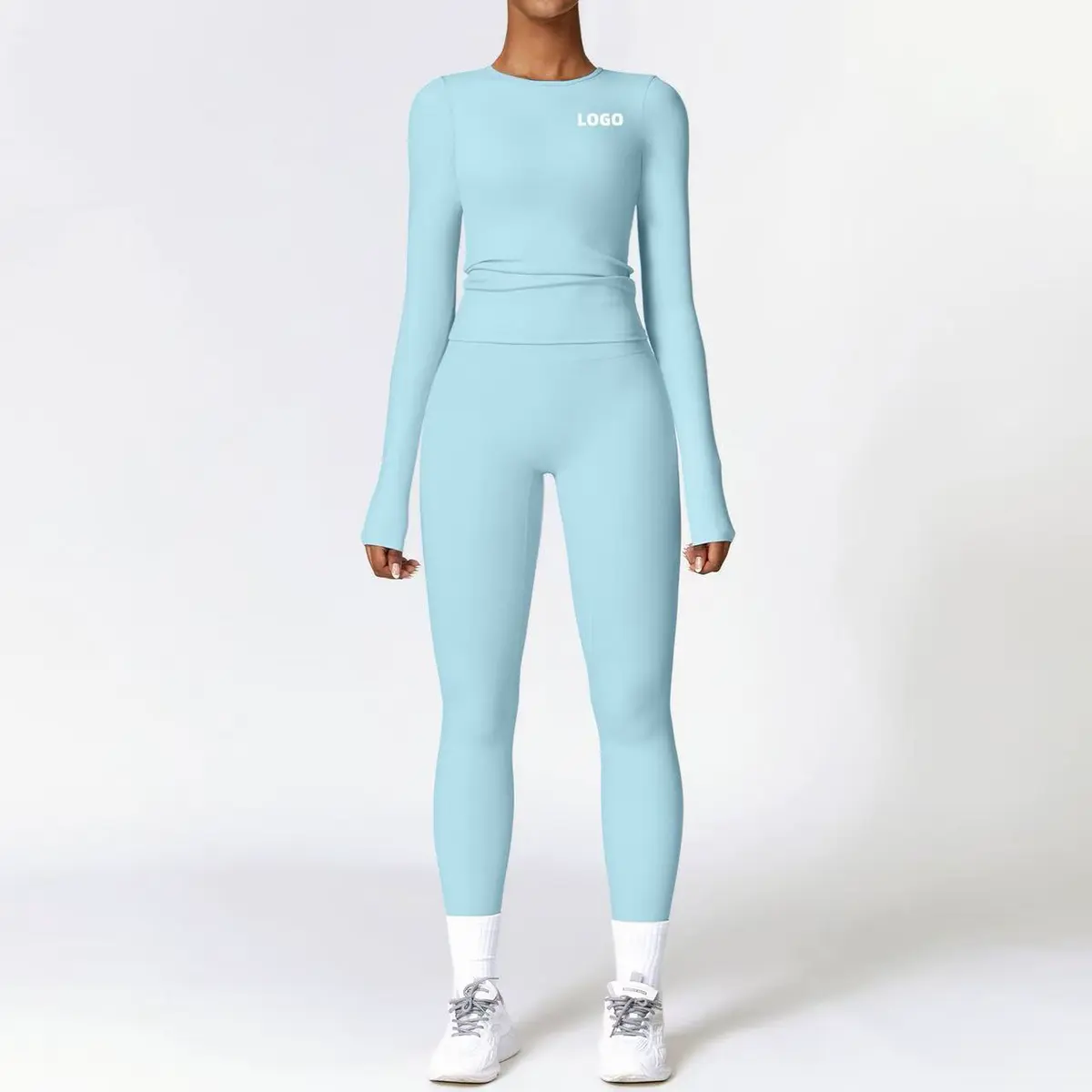 Women's Solid Activewear Breathable Quick Dry Brushed Long Sleeve Top Outdoor Running Leggings 2 Piece Yoga Set