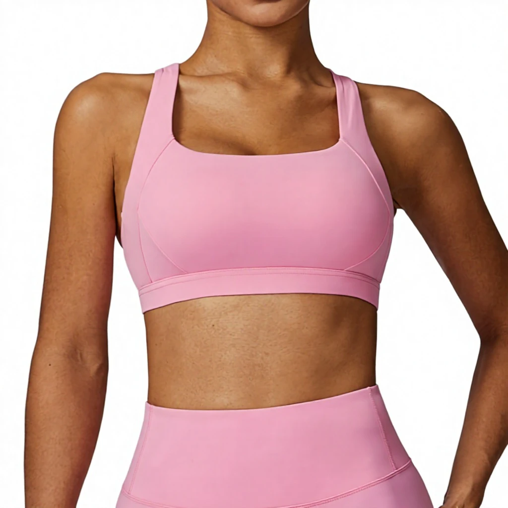Pink Scoop Neck Sports Bra Medium Support Yoga Activewear Spaghetti Strap Breathable Fitness Sports Bra For Girls
