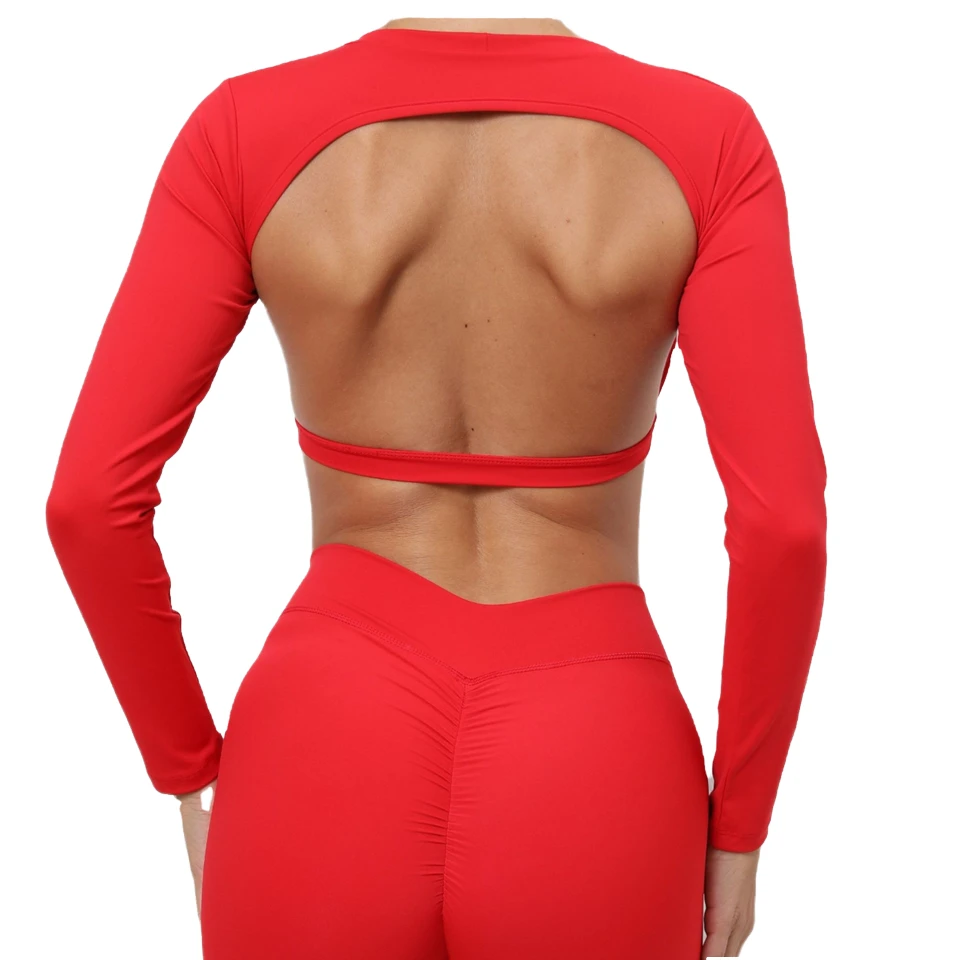 Women's Long Sleeve Winter Sports Open Back Workout Padded Yoga Top Breathable Crop Gym Shirts Skinny Fit Front Logo