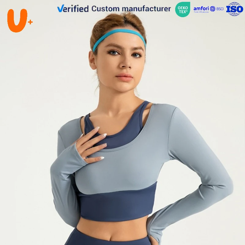 Two-Piece Slim-Fit Custom LOGO Cushioned Chest Pad Breathable Quick-Dry Lightweight Solid Blue Outdoor Sport Yoga Long Bra