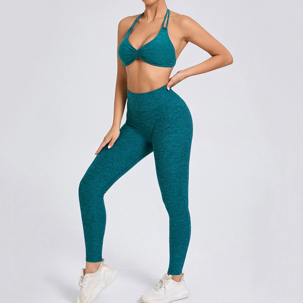 Custom Logo Halter Sports Bra Scrunch Butt Leggings High Elastic Yoga Sets Compression Running Fitness Set