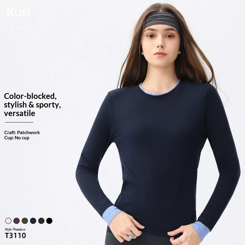Fake Two-Piece Pleated Long-Sleeve Breathable 100% Nylon Women's Waist-Cinching Tight-Fitting Designer Base-Layer Top Yoga
