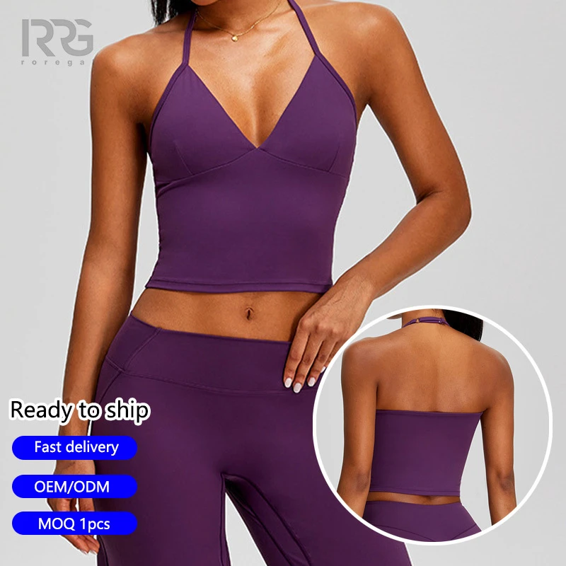 Roregal Nude Feel Breathable Women's V Neck Halter Sports Yoga Tank Top Quick Dry Skinny Fit Activewear Yoga Top