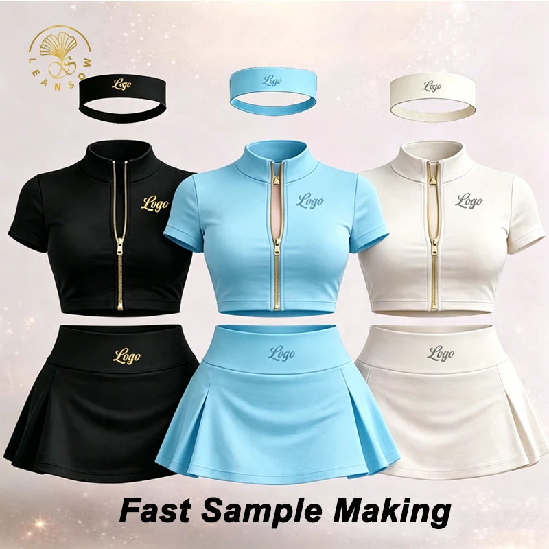Direct Factory Women Sportswear Set 3 Piece Short Skirt Golden Yoga Zip Up Jackets Fitness Trendy Design Workout Set Sportswear