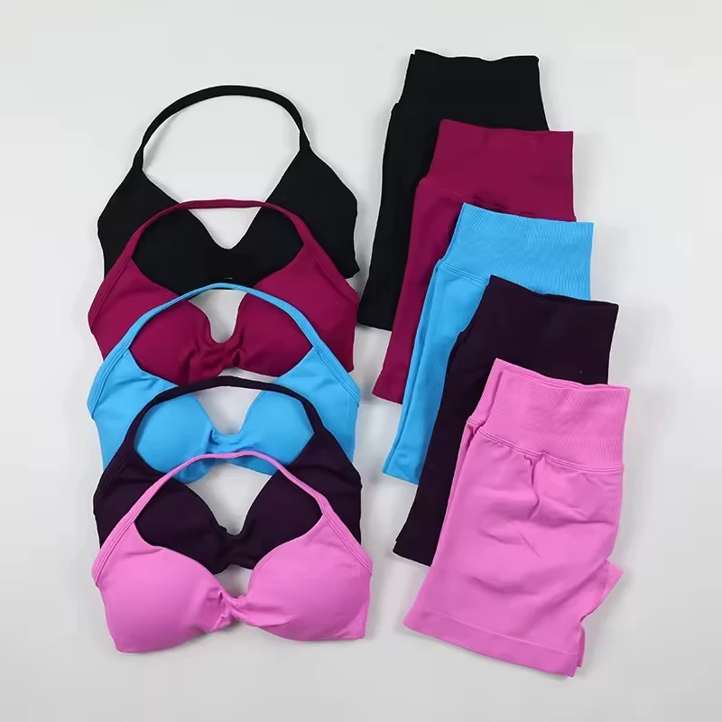 High Stretch Seamed Solid Breathable Knitted Halter Sports Bra and Shorts Gym Wear Two Pieces Fitness Sets Women