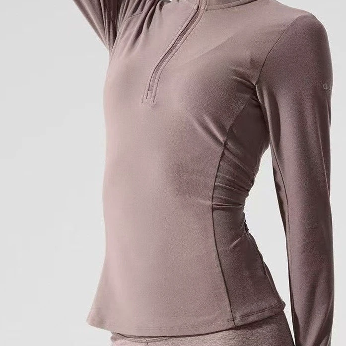 Womens High Neck Long Sleeve Half Zip Slim Fit Athletic Top-Nylon Summer/Spring Seasons Multiple Colors for Yoga Fitness