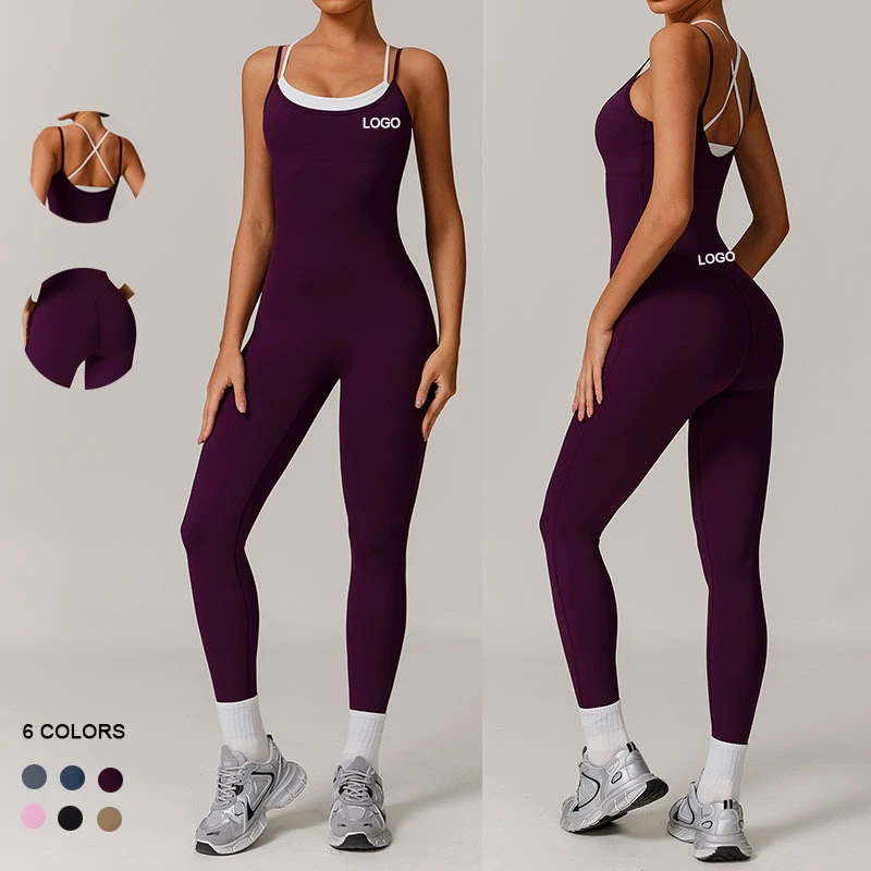 Custom Logo Yoga Clothes Contrasting Suspender Jumpsuit Cross Backless Gym Fitness Sets Sport Wear Women