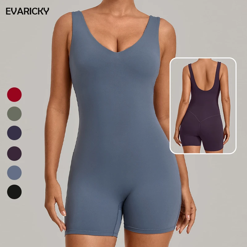 EVARICKY Women's V-Neck Backless Gym Yoga Wear Built-in Bra One-piece Tight Sports Bodysuit Sleeveless Running Fitness Jumpsuits