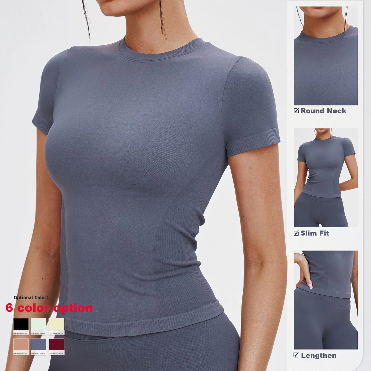 CNSHELL Seamless Round Neck Fitness Sports Short Sleeves T-Shirt Yoga Tops Outdoor Running Slim Top