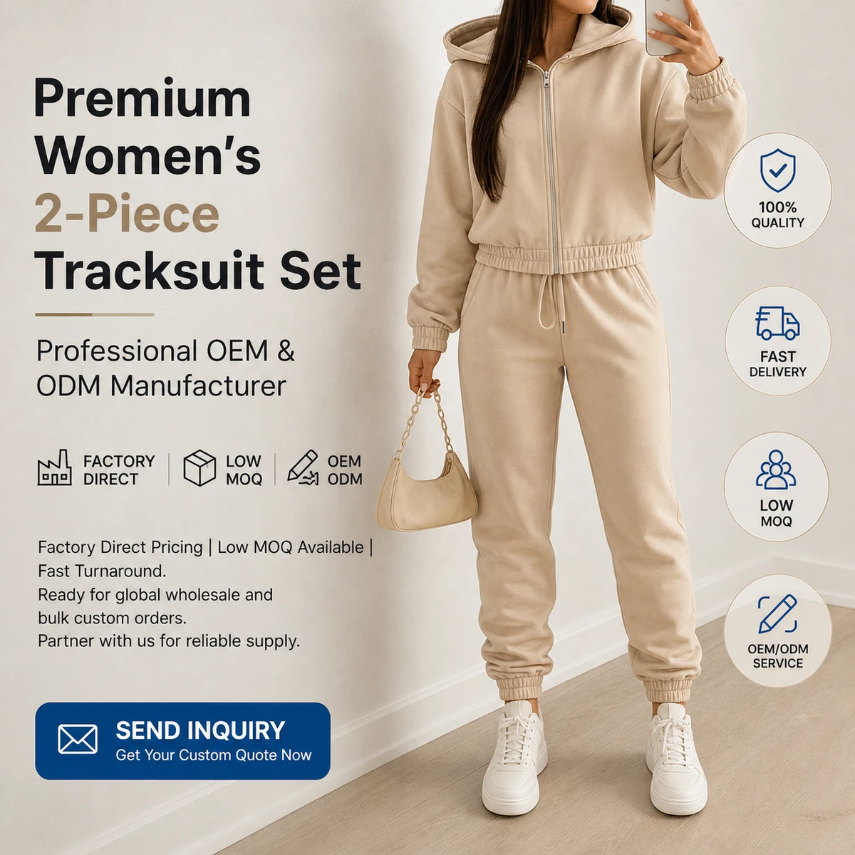 2026 Women 2-Piece Tracksuit Set Custom Zip-Up Cropped Hoodie And Jogger Vintage Quick Dry Casual Sportswear Blank Outfit