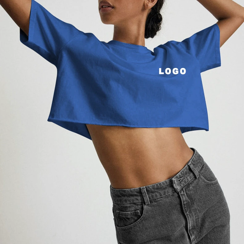 Women's Blue Solid Color Custom Logo Printing Yoga Crop Top Regular Fit Bulk Active Cotton Eco-Friendly Wholesale Summer Y2K