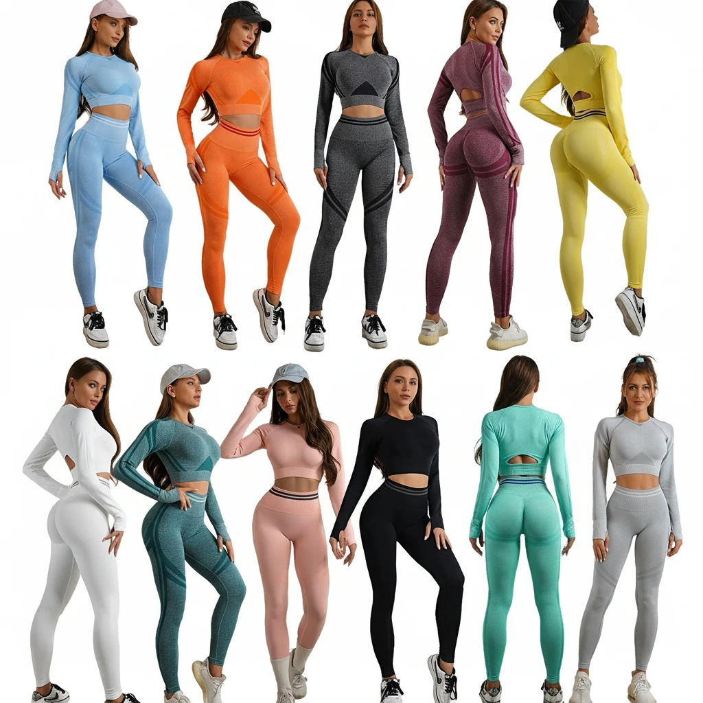 Hot Sale Women Workout 2 Pieces Long Sleeves Solid High Waist Peach Hip Pants Breathable Front Sports Fitness Skin Friendly Yoga