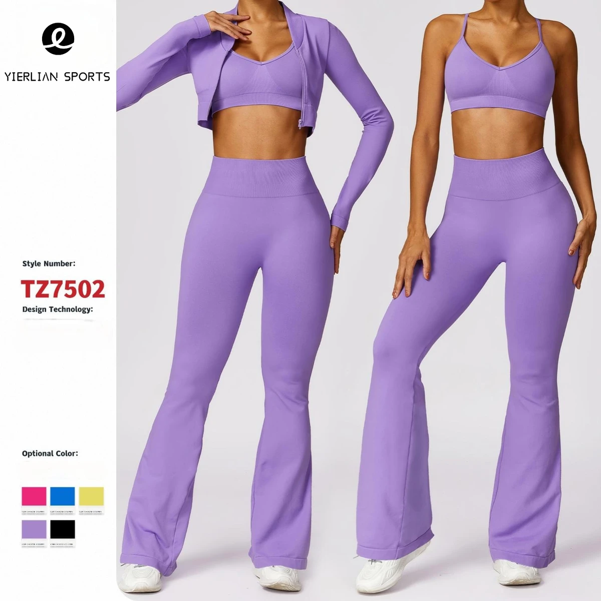 Women's Seamless XXL Pink Sports Bra Long Sleeve Crop Top Flare Yoga Pants Three Piece Yoga Sets Fitness Set for Women