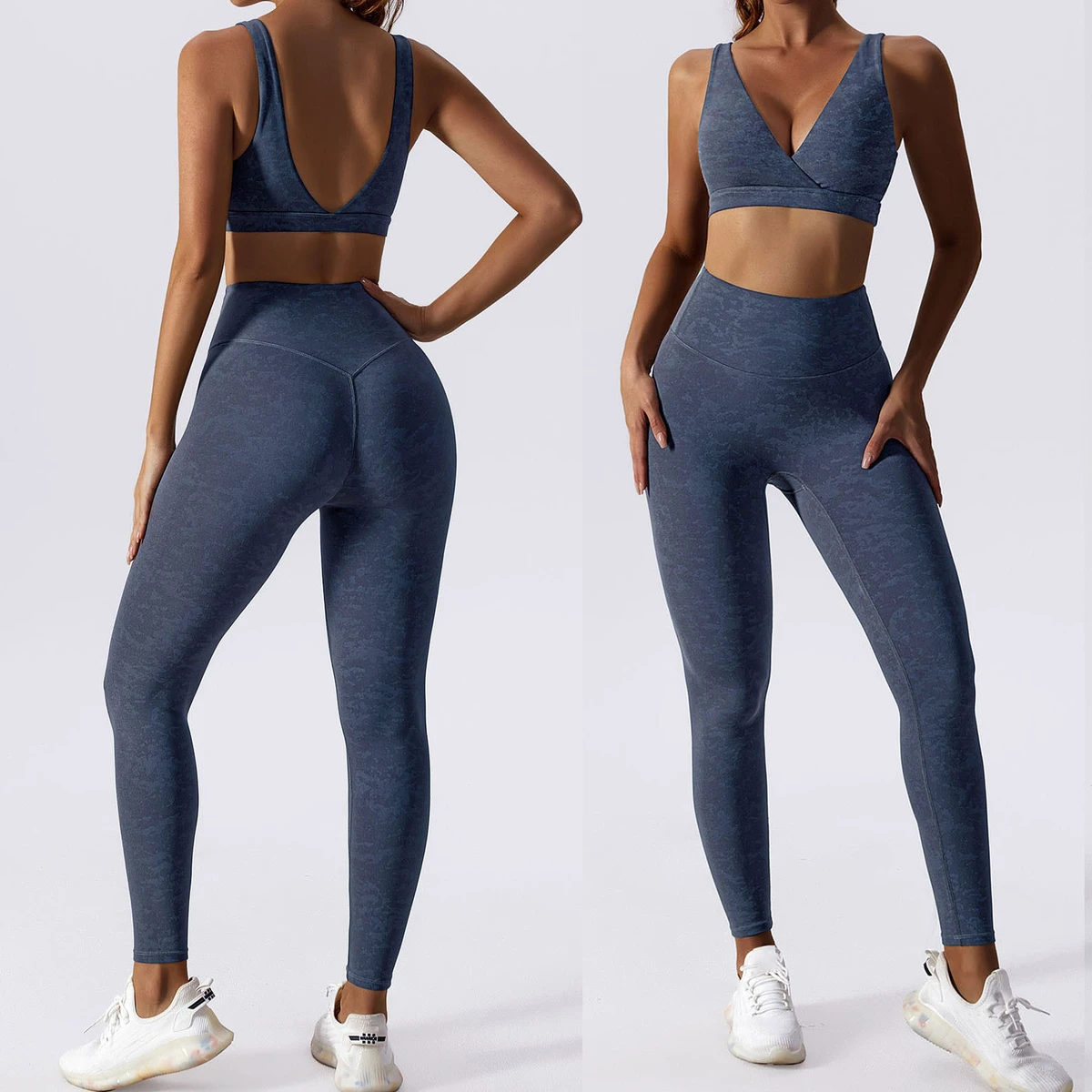 Women's Low Neck Removeable Cups Backless Gym Bra and Compression Stretchy Skinny Quick Dry Active Yoga Leggings 2 Pieces Sets