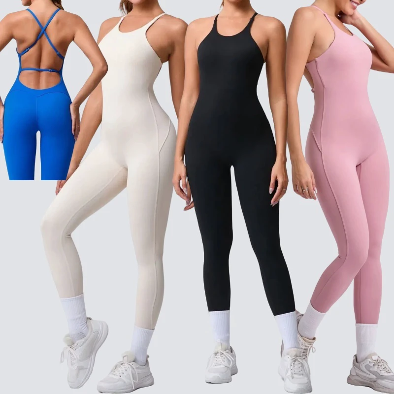 Yimo Women Sexy Cross Back Yoga Jumpsuit Lady Tight High Elastic Gym Body Suit Female One Piece Solid Color Workout Set