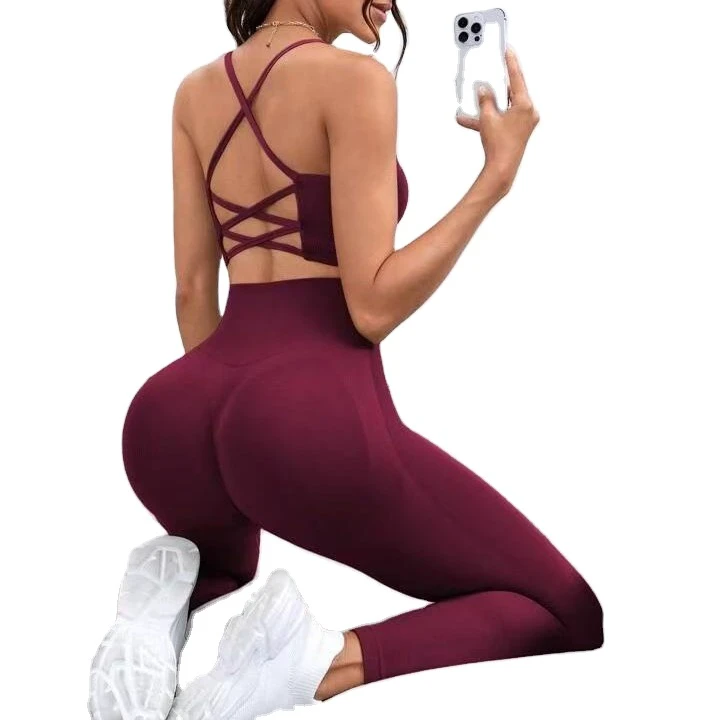Women's Sportswear Gym Yoga Set Tight Sexy Back Cross Sport Bra Thin Shoulder Strap Breathable Leggings 2pcs Fitness Clothing