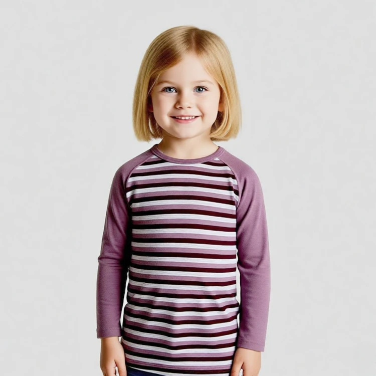 Children's 100% Merino Wool Knitted Roundneck Stripe Underwear Girls Thermal Outdoor Sports Base Layer