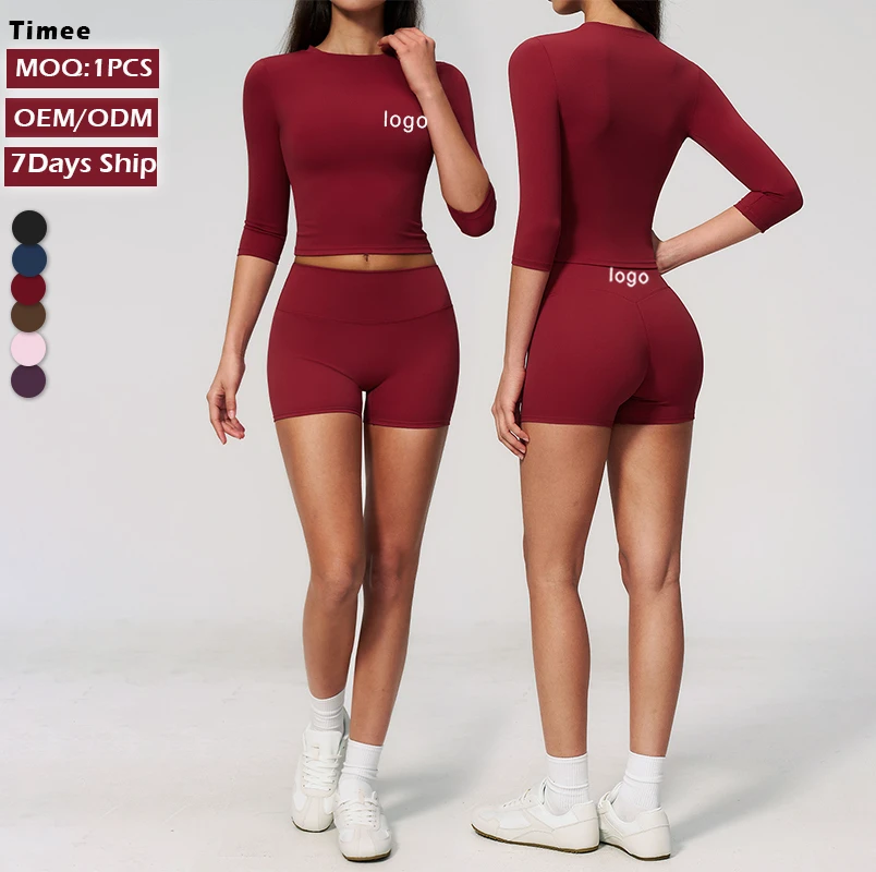 Nude Feeling Yoga Set Women 2 Piece 3/4 Sleeve Crop Top & High Waist Biker Shorts Workout Outfit for Pilates Gym