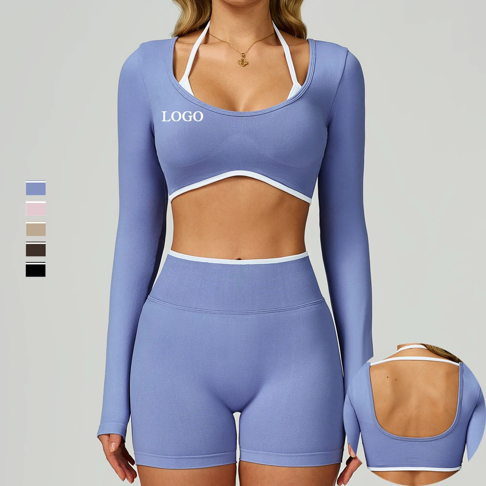 Custom Color Contrast Seamless Long Sleeve Halter Workout Active Tops U Back Quick Dry Breathable Women Fitness Yoga Crop Tops