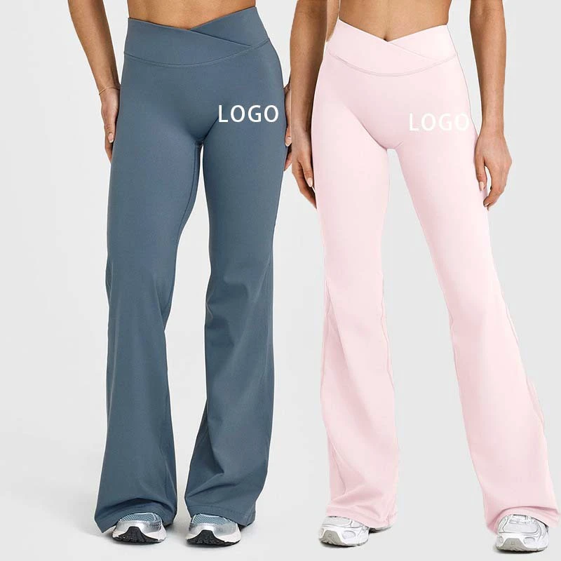Women's Cross V Waist Gym Straight Leg Pants Wide Leg Yoga Pants High Waisted Loose Casual Yoga Leggings