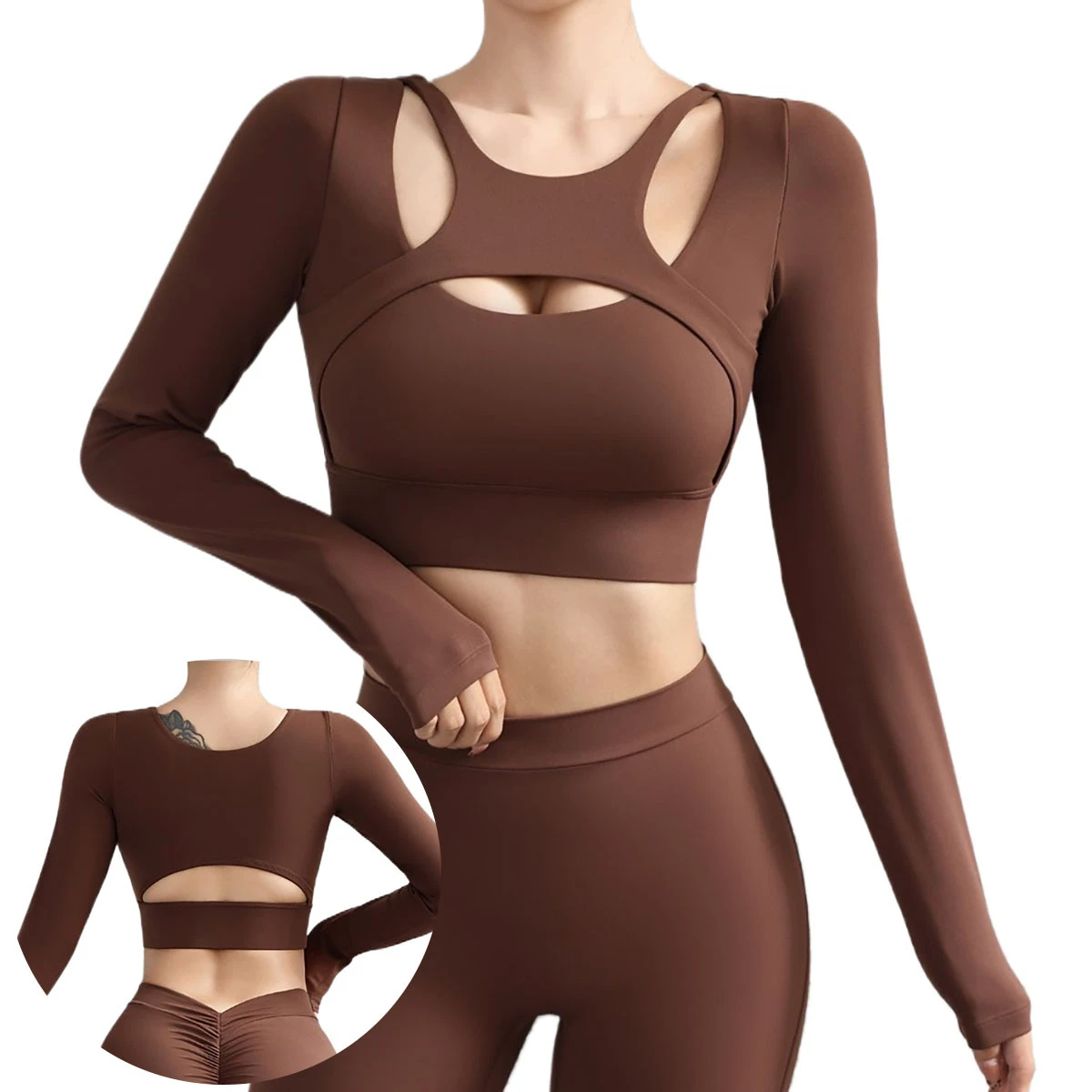 Women's Hollow Back Sexy Gathering With Bra Pad Long Sleeve Sports Tops Tight Yoga Running Fitness Tops