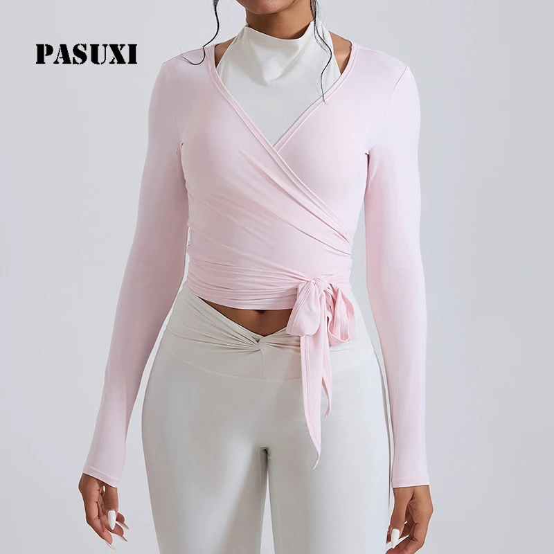 PASUXI Women's Balletcore Backless Yoga Top Breathable Lightweight Regular Fit Plus Size Long Sleeve Running Fitness Training