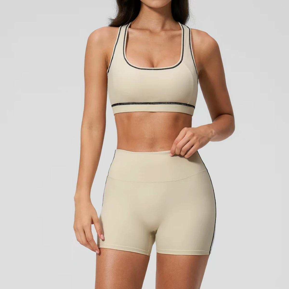 Yoga Set Square Neck Racerback Sports Bra, High Waist Biker Short, 2-Piece Contrast Stitch Workout Outfit for Women Yoga Gym