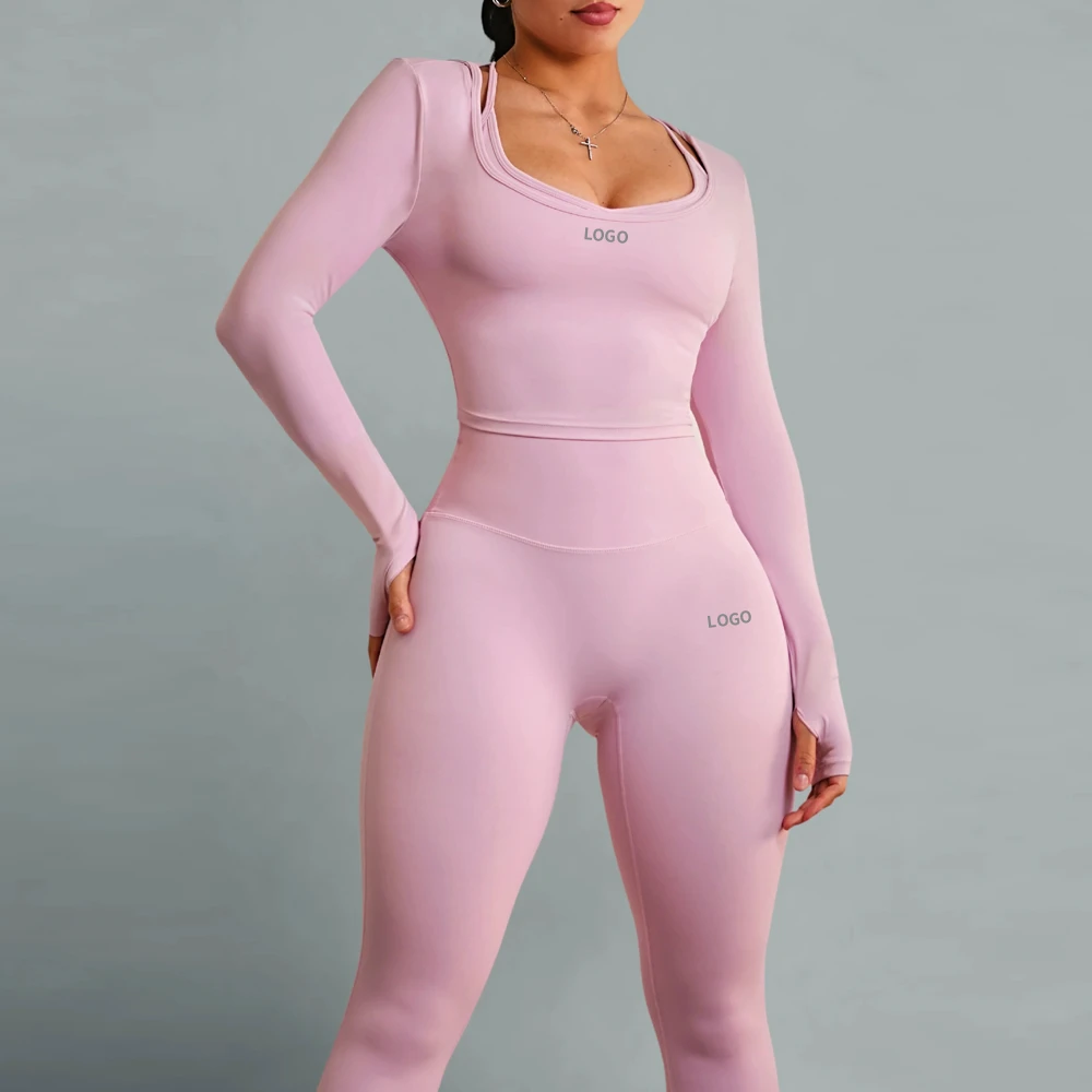 Custom Women Plus Size Yoga Set 2 Piece Breathable Hooded Long Sleeve Crop Top High Waist Leggings Thumbhole Soft Fabric