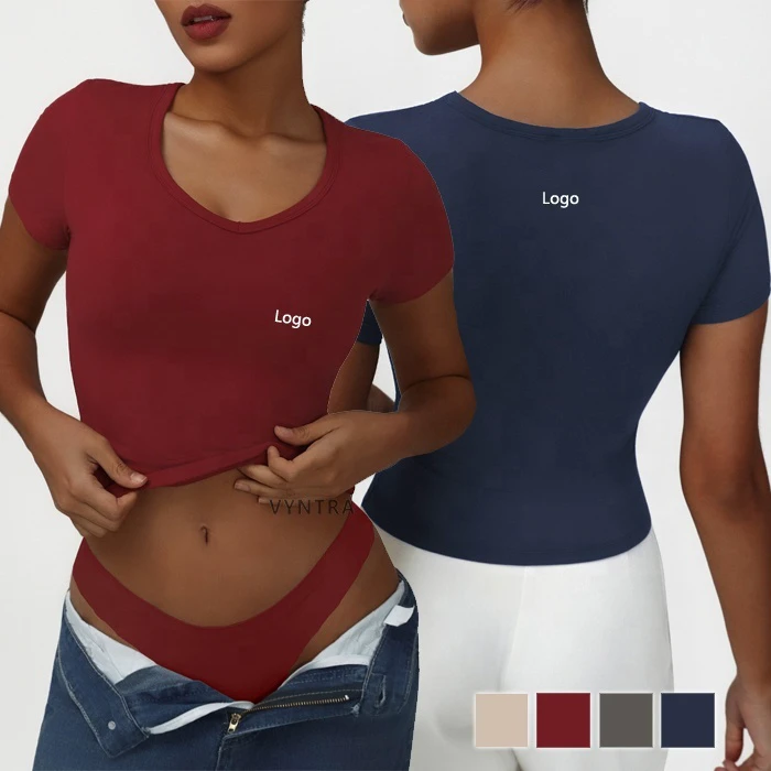 Women Activewear Casual Short Sleeve V-Neck Shirts Workout Running Tight Slim Fitness Gym Sports T-shirt Clothes Yoga Tee Tops