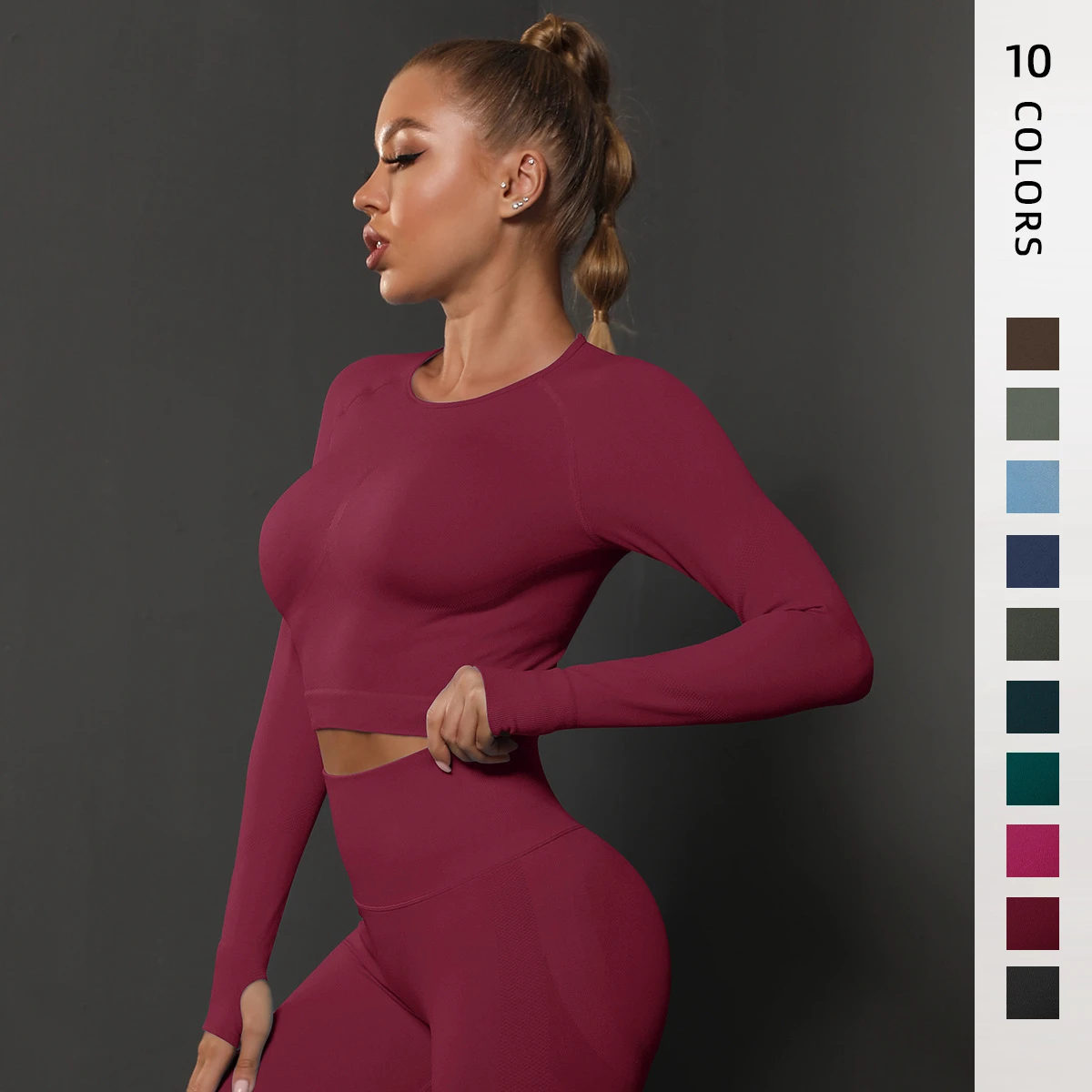 Seamless Solid Color Pleated Workout Sports Long-sleeved T-Shirt High Elastic Breathable Running Fitness Yoga Gym Cropped Top