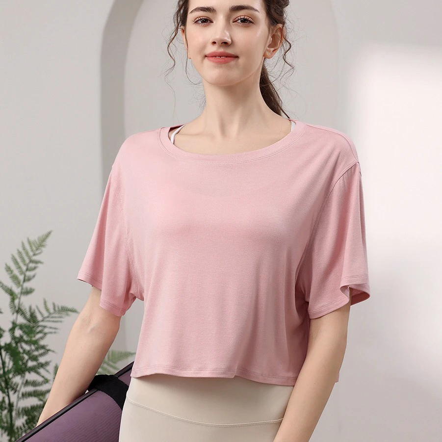 Breathable Lyocell Solid Loose Blouse Yoga Wear Women's Pilates Fitness Sports T-Shirt Running Training Short-Sleeve Top Summer