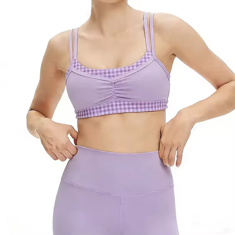 Double Layer 2 in 1 Yoga Workout Bras Fashion Checkered Pattern Sports Bra Contrast Color Crop Tank Top Women