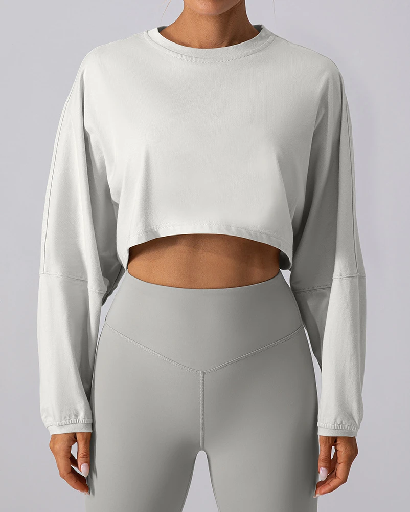 Women's Sports Round Neck Short Sweatshirt Tshirt Base Shirt Yoga Running Loose Long Sleeve Cropped Top