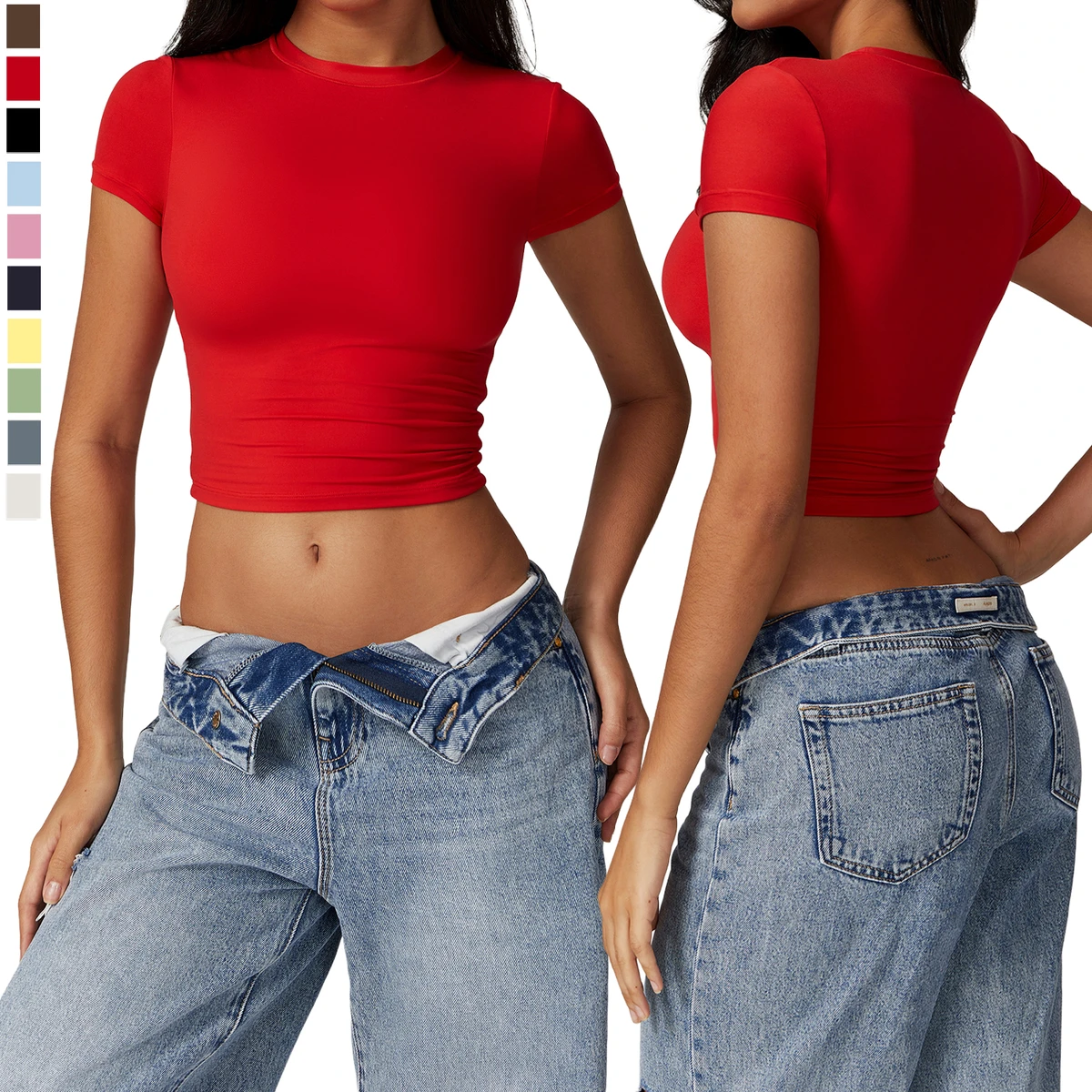 Women's Crew Neck Yoga Top Breathable Quick Dry Sweat-Wicking 4-Way Stretch Short Sleeve Slim Fit Workout T-Shirt