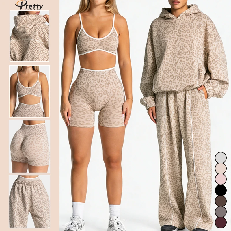 Women's Yoga Set Pilates Seamless Fitness Running Training Quick-Dry Seamless High-Elastic Loose Hooded Fashion Leopard Print