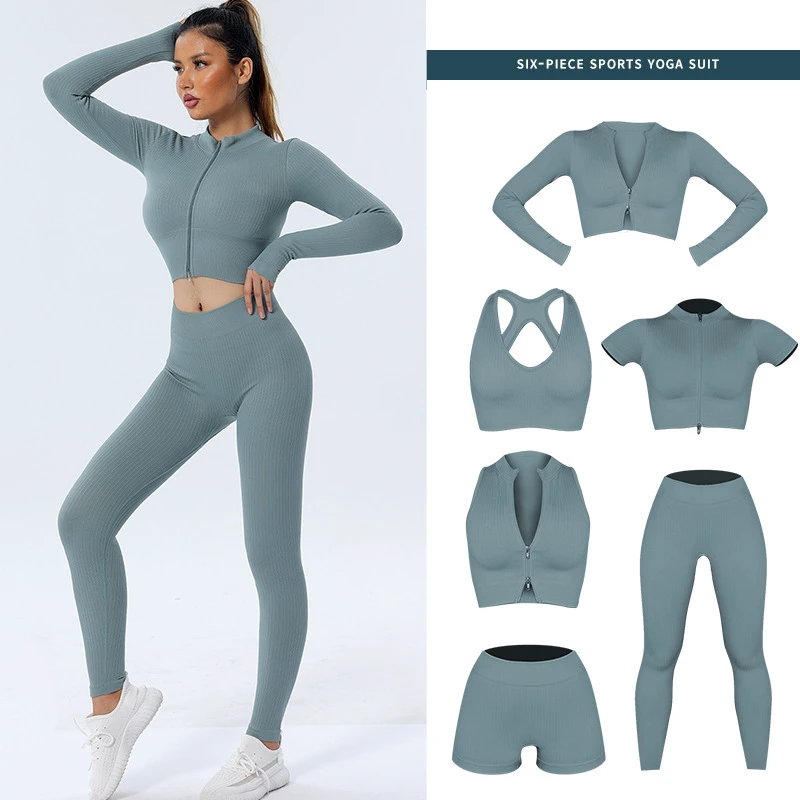 FLW Women's 6-Piece Seamless Sportswear Set Long Sleeve Crop Top Pant Elastic Waist for Yoga Gym Fitness Active Wear Wholesale